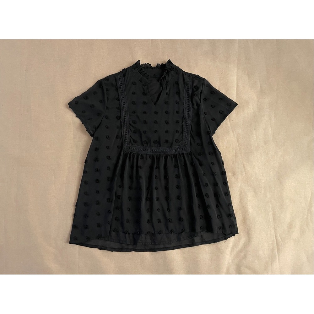 NWT Mainstream Boutique Blouse Sz M Black Swiss Dots Whimsigoth Cottage Babydoll